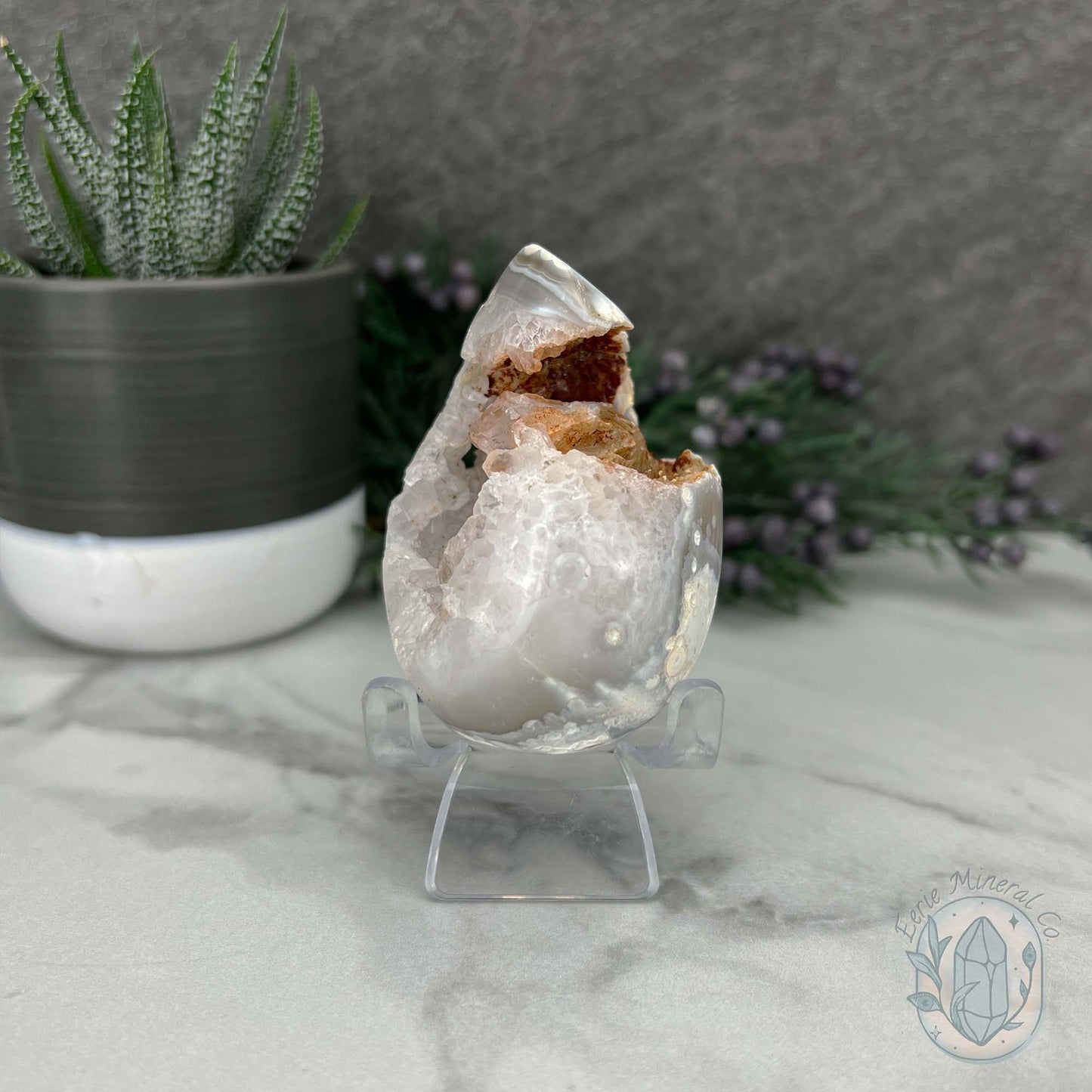 Orca Agate with Quartz Geode Egg with Display Stand