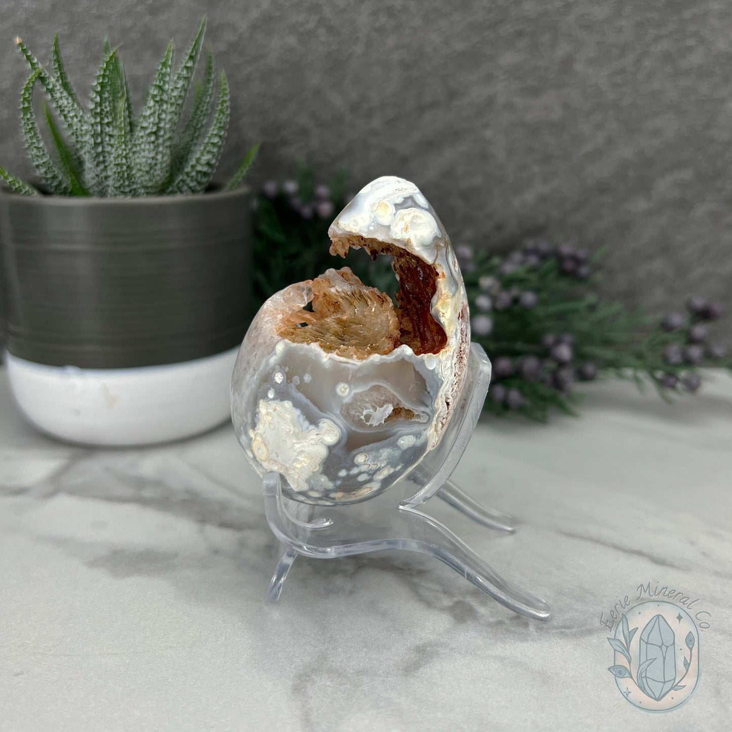Orca Agate with Quartz Geode Egg with Display Stand