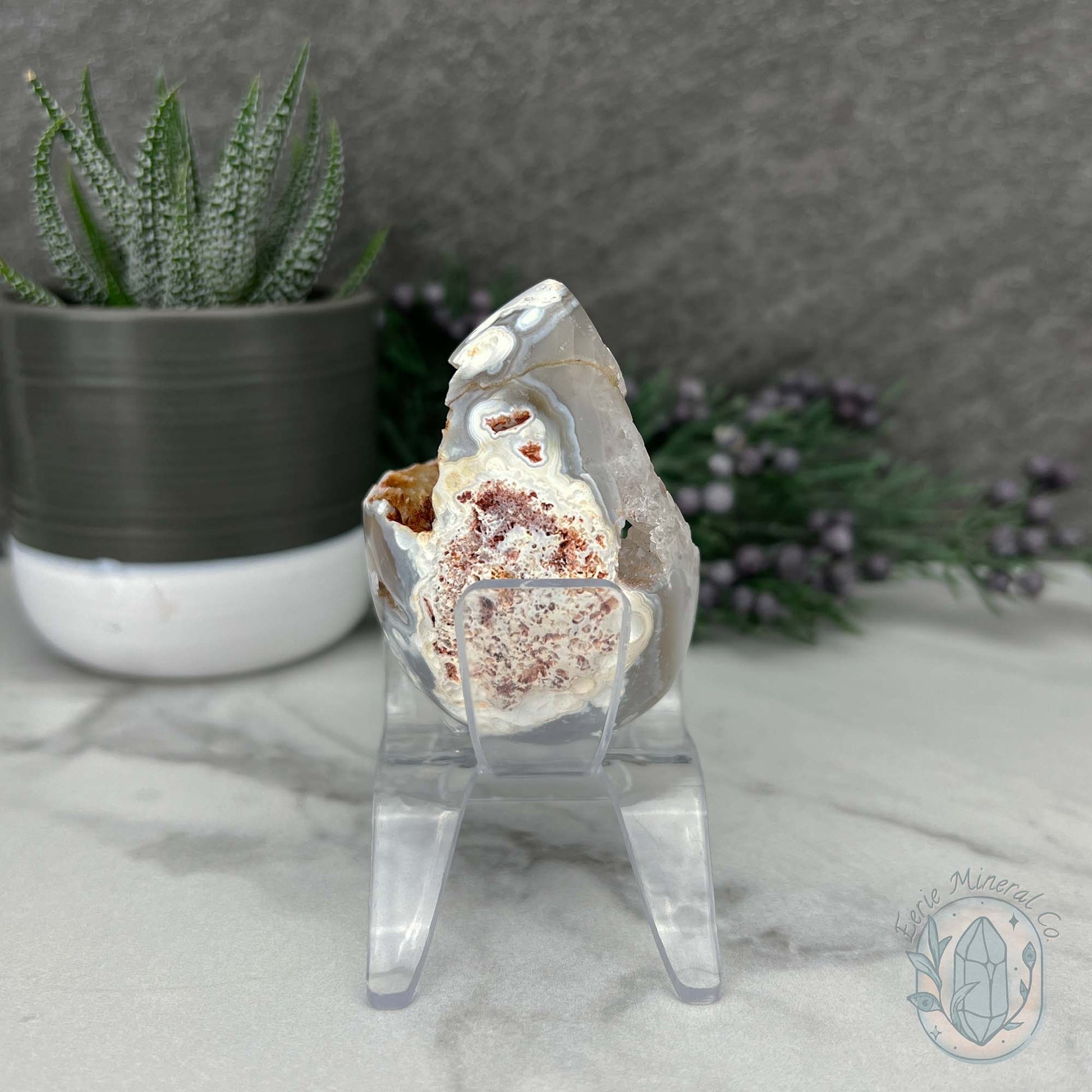 Orca Agate with Quartz Geode Egg with Display Stand