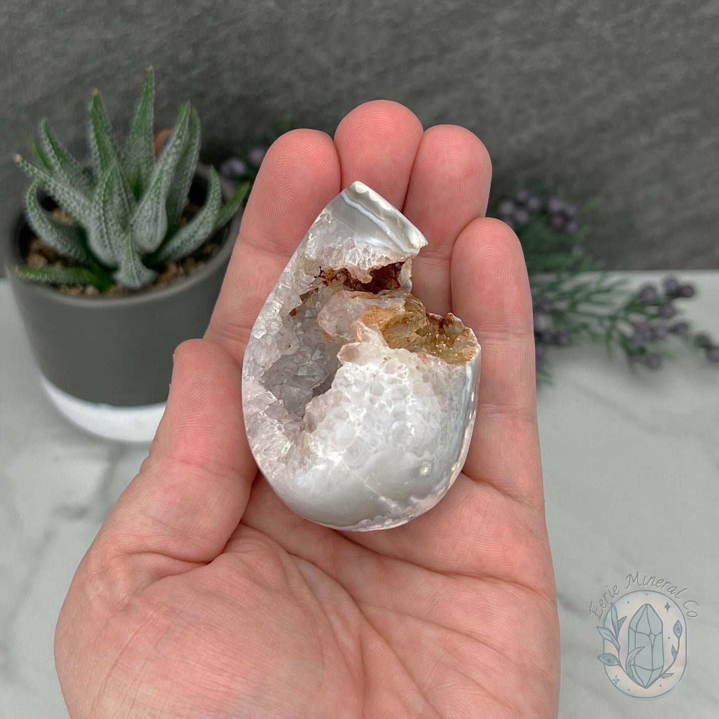 Orca Agate with Quartz Geode Egg with Display Stand