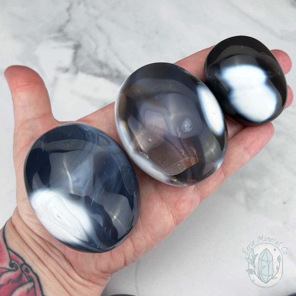 Polished Black and White Orca Agate Palmstones