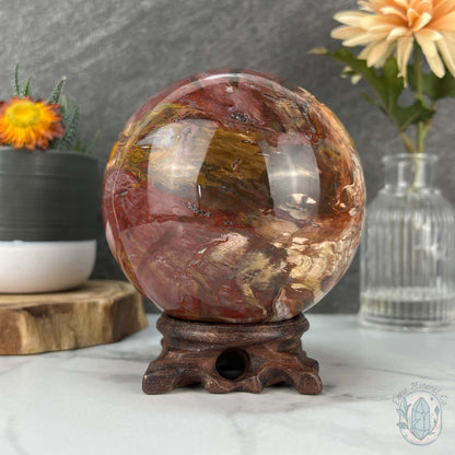 98mm Polished Petrified Fossil Wood Sphere with Druzy Pockets