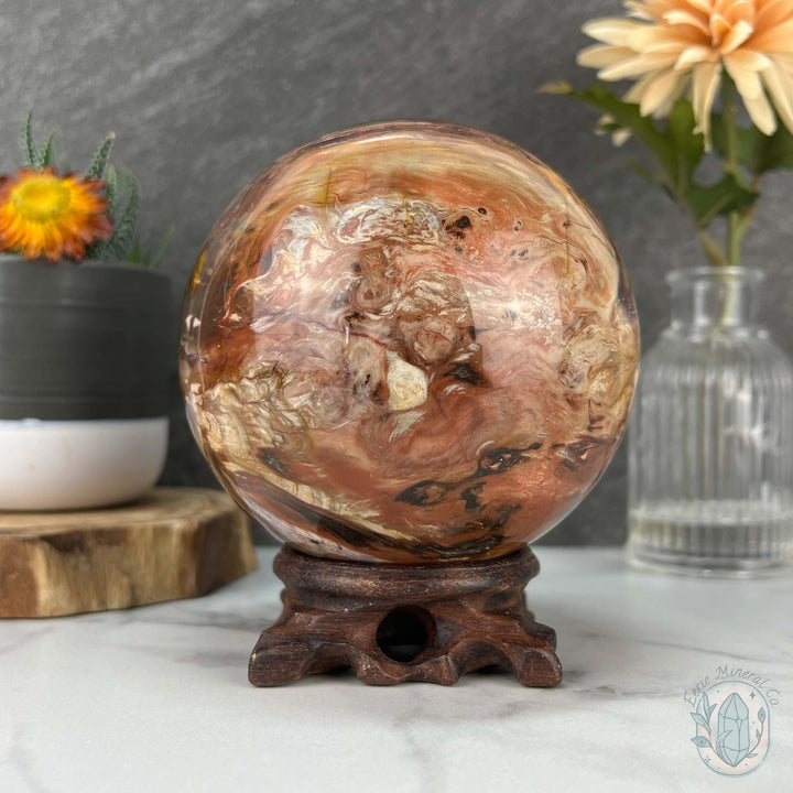98mm Polished Petrified Fossil Wood Sphere with Druzy Pockets