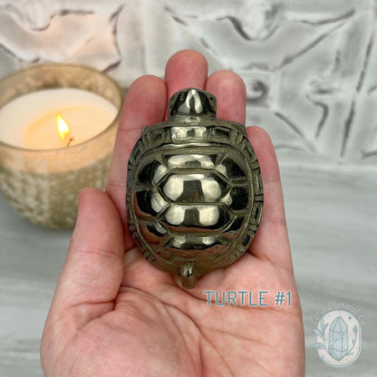Polished Solid Pyrite Turtle Carving