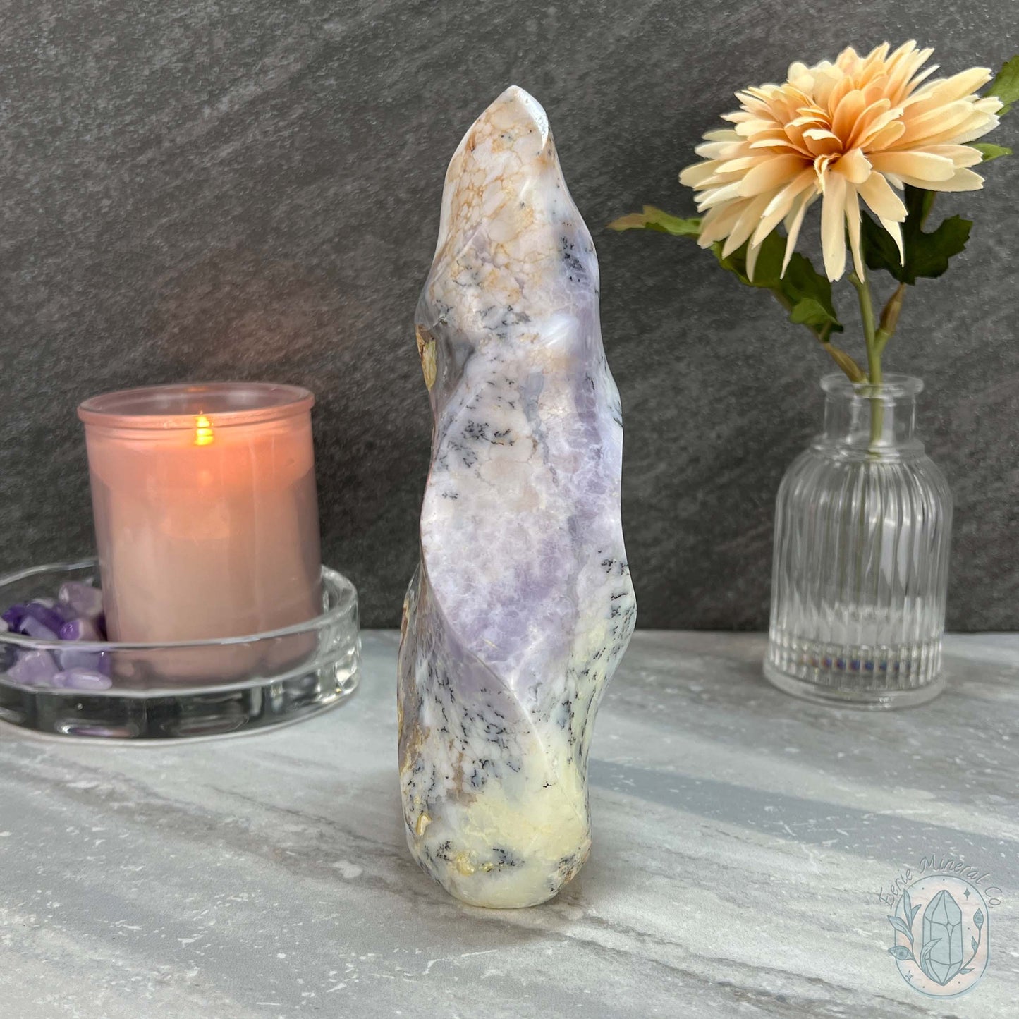 Polished Purple and White Dendritic Chalcedony Agate Flame