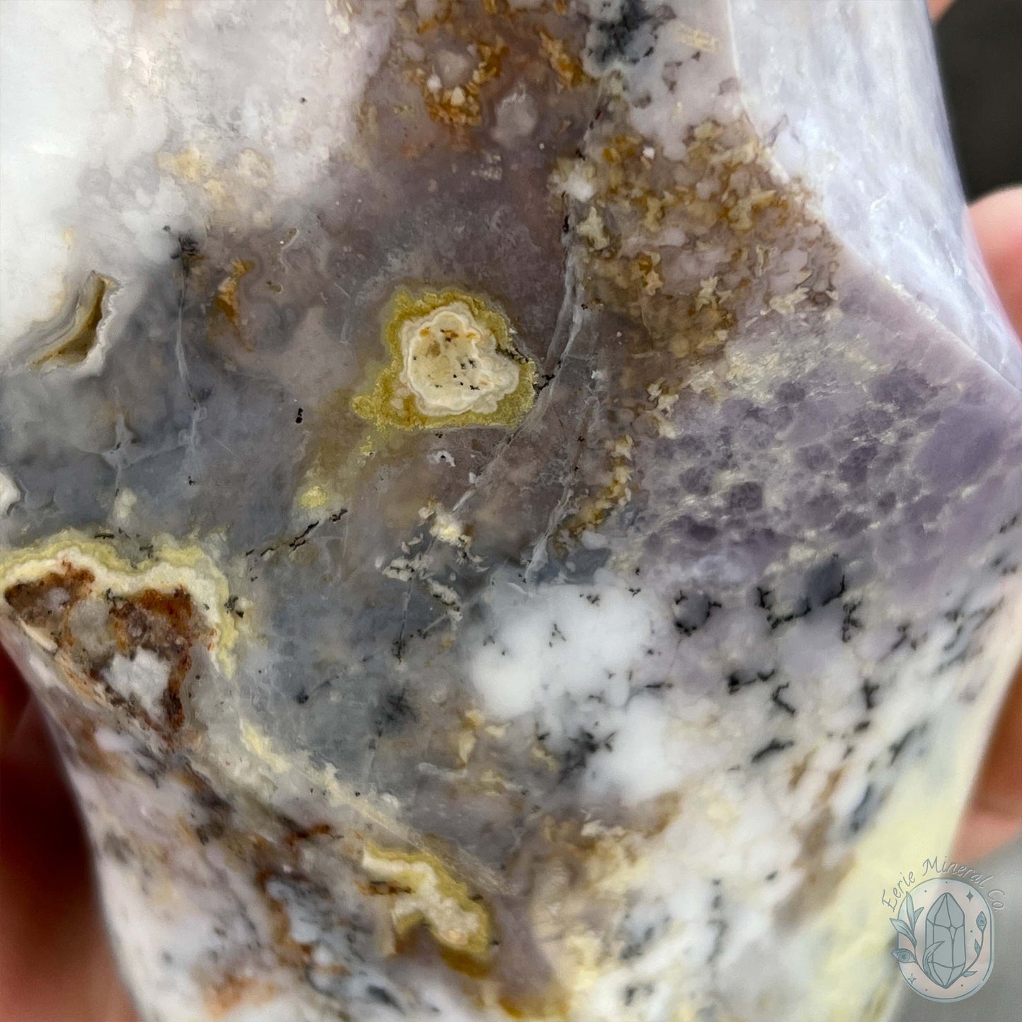 Polished Purple and White Dendritic Chalcedony Agate Flame