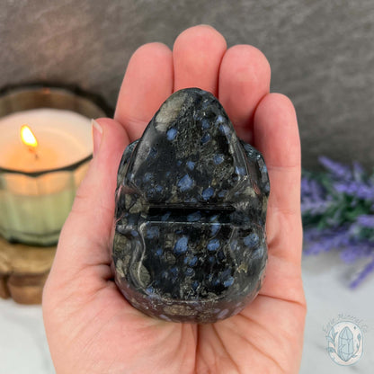 Que Sera with Blue Quartz Skull Carving