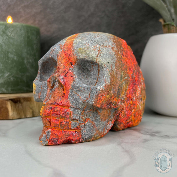 4" Very Rare Fiery Realgar Skull Carving