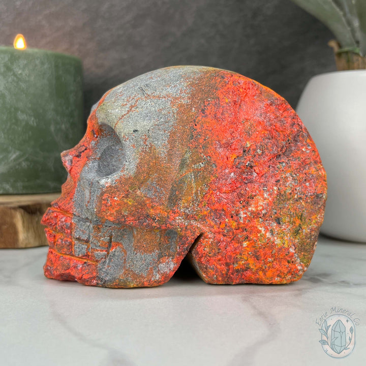 4" Very Rare Fiery Realgar Skull Carving