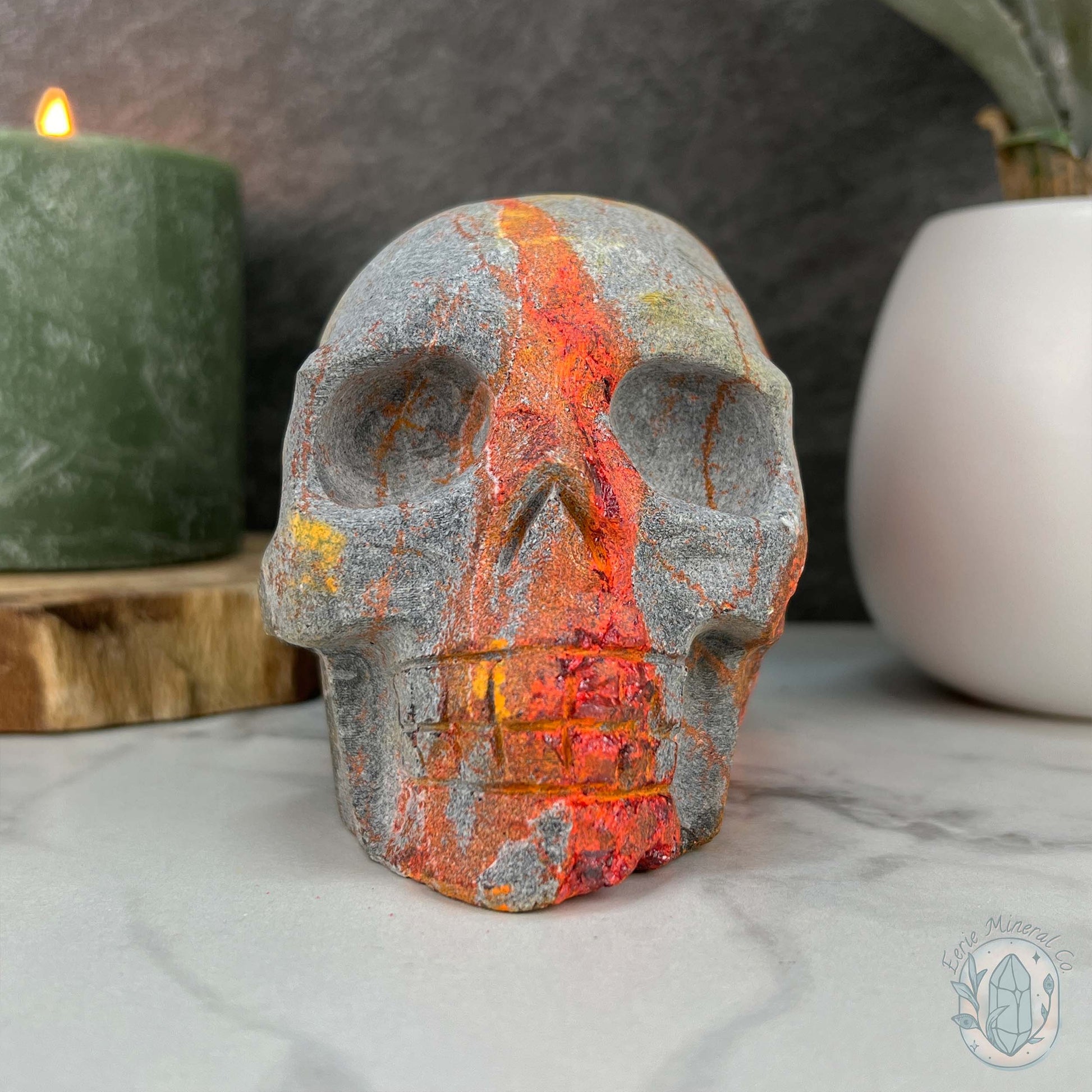 4" Very Rare Fiery Realgar Skull Carving