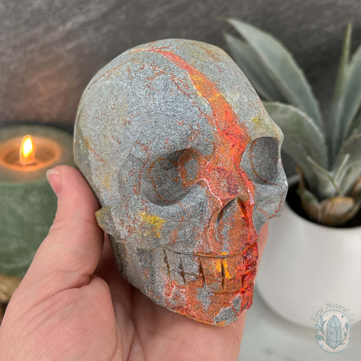 4" Very Rare Fiery Realgar Skull Carving