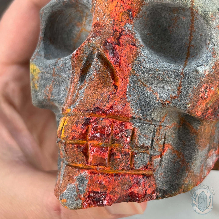 4" Very Rare Fiery Realgar Skull Carving