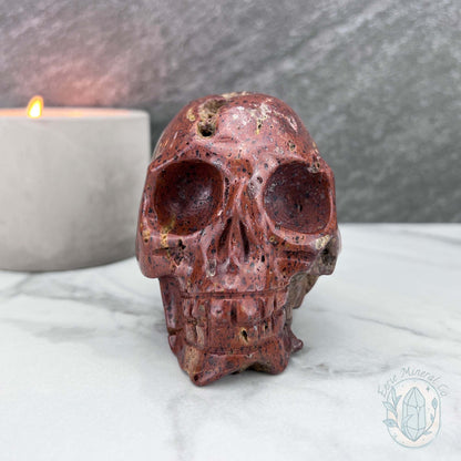 Polished Orrelanite Red Fox Agate Skull Carving
