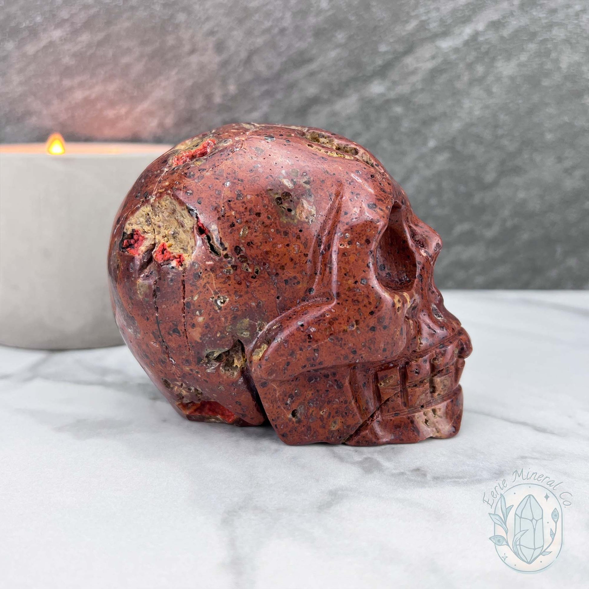 Polished Orrelanite Red Fox Agate Skull Carving