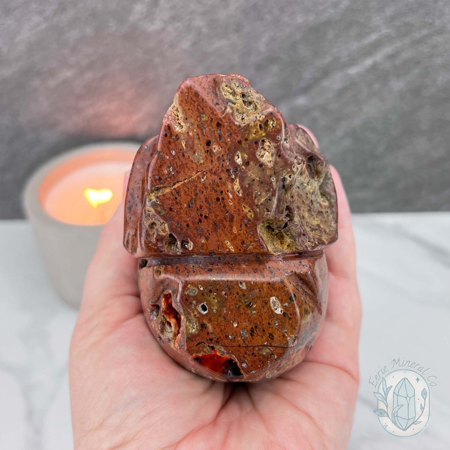Polished Orrelanite Red Fox Agate Skull Carving