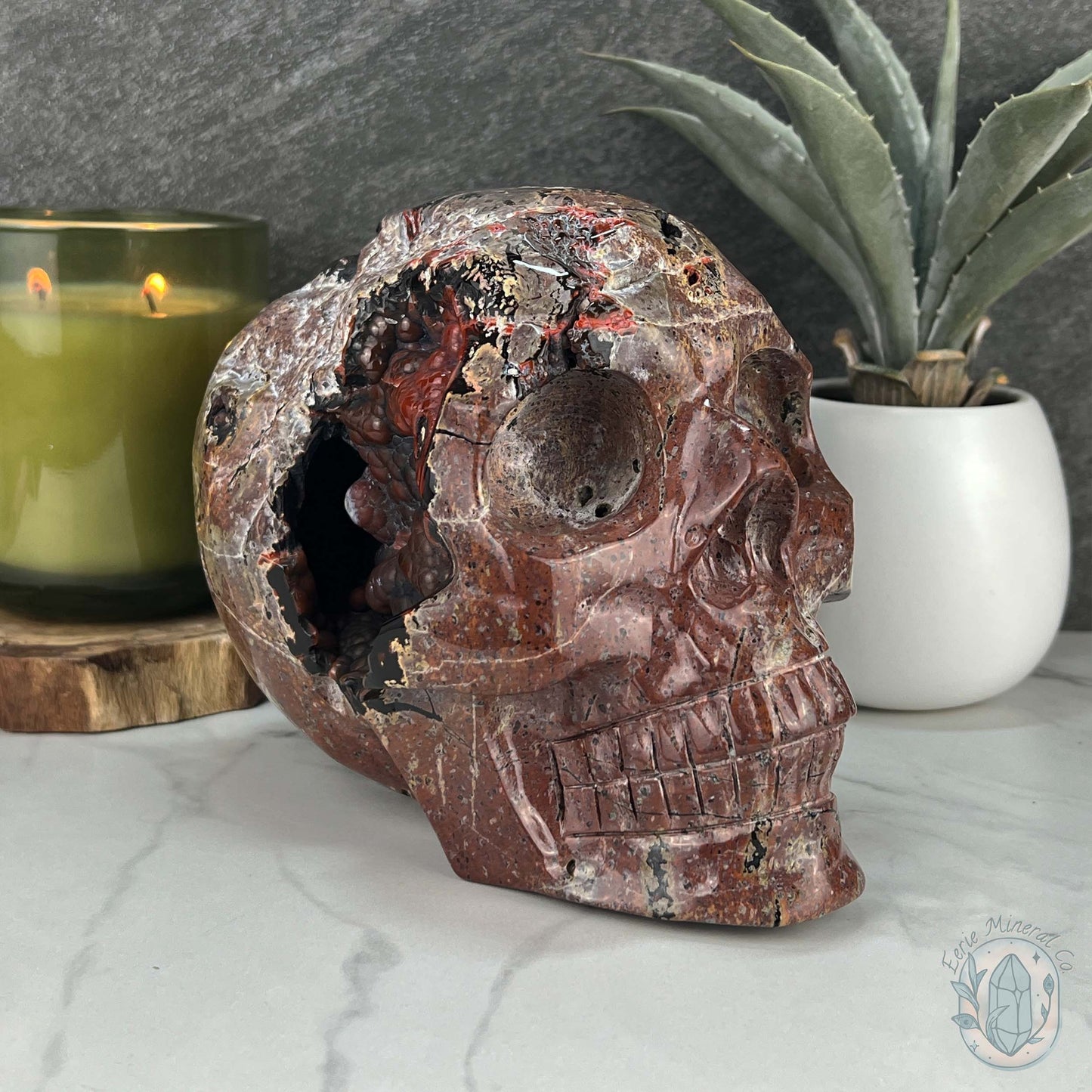 7" Volcanic Red Fox (Orrelanite) Botryoidal Agate Skull Carving
