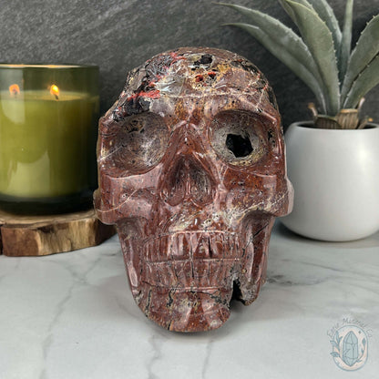 7" Volcanic Red Fox (Orrelanite) Botryoidal Agate Skull Carving