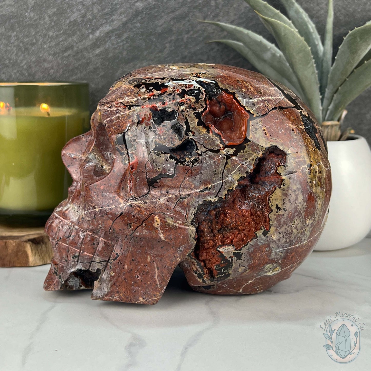 7" Volcanic Red Fox (Orrelanite) Botryoidal Agate Skull Carving