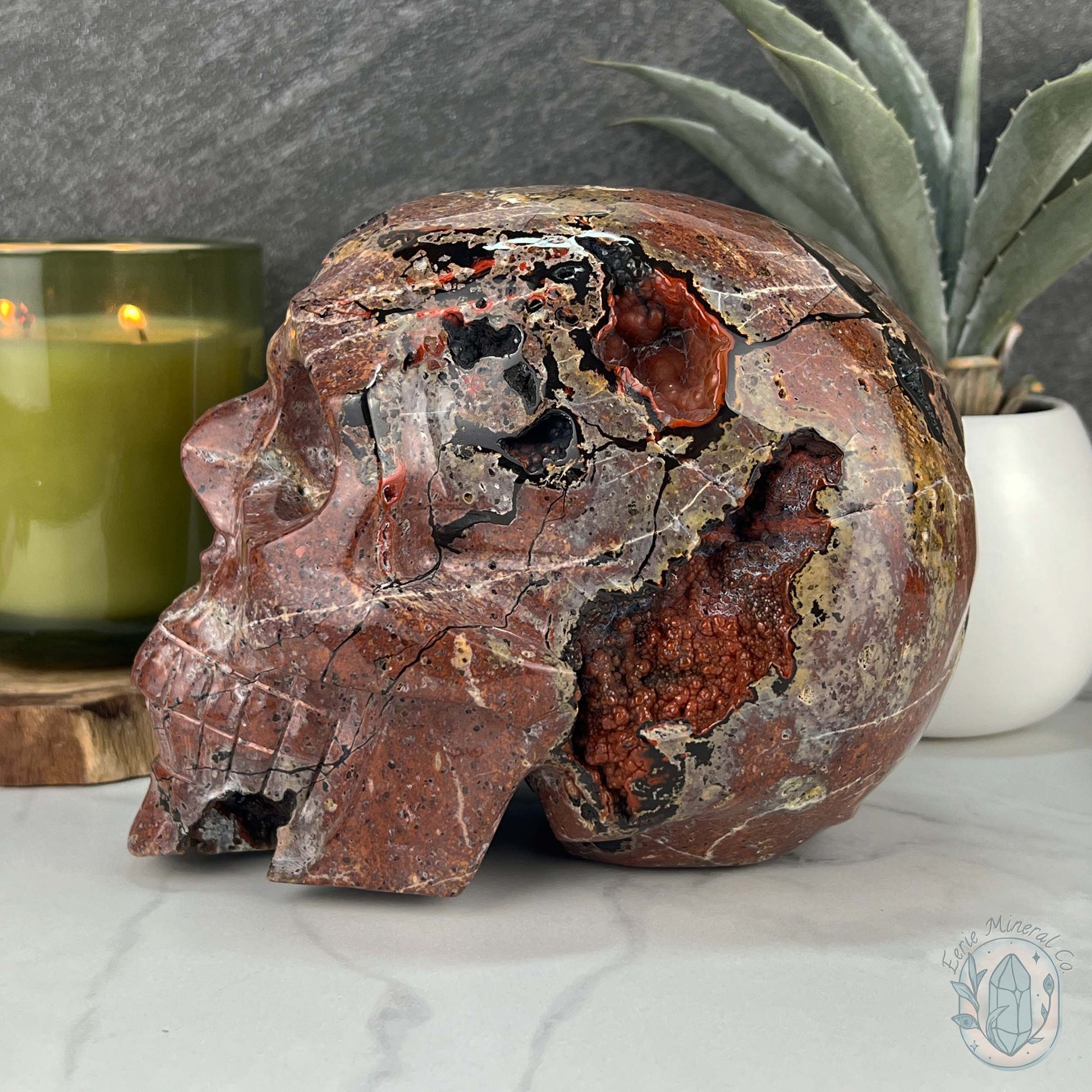 7" Volcanic Red Fox (Orrelanite) Botryoidal Agate Skull Carving
