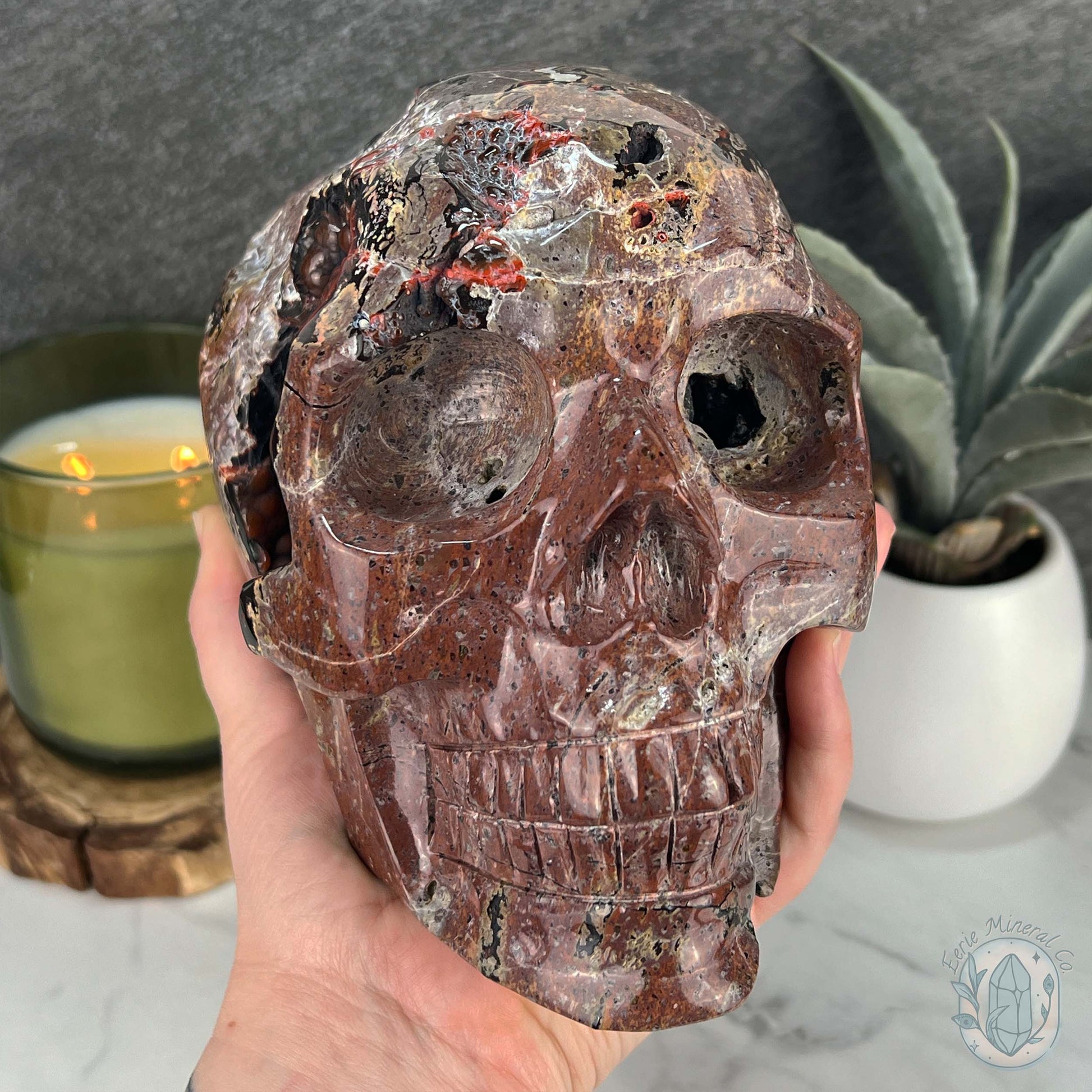 7" Volcanic Red Fox (Orrelanite) Botryoidal Agate Skull Carving