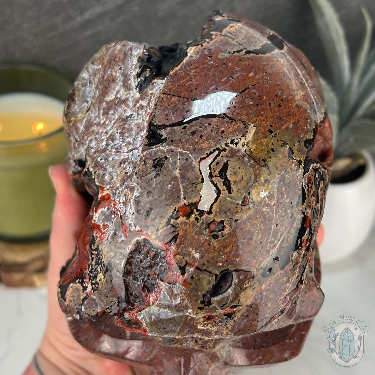 7" Volcanic Red Fox (Orrelanite) Botryoidal Agate Skull Carving