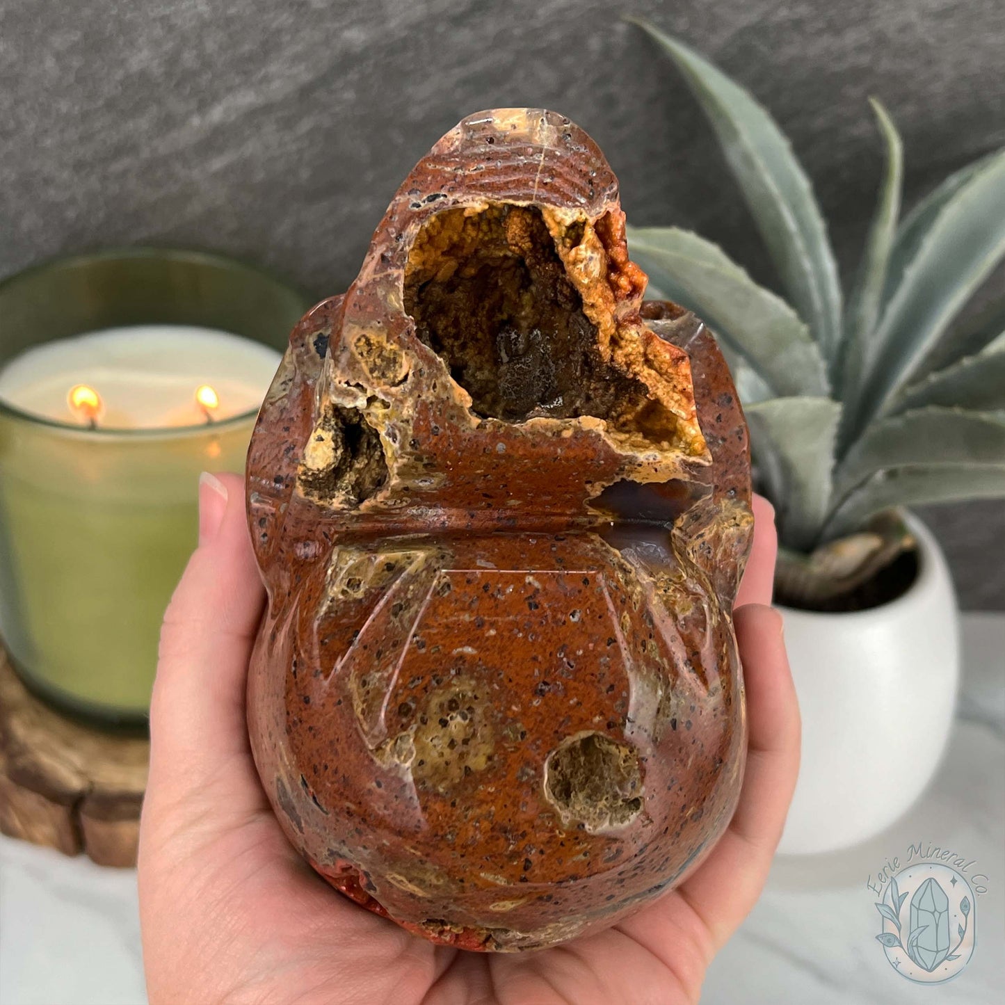 Volcanic Red Fox (Orrelanite) Botryoidal Agate Skull Carving