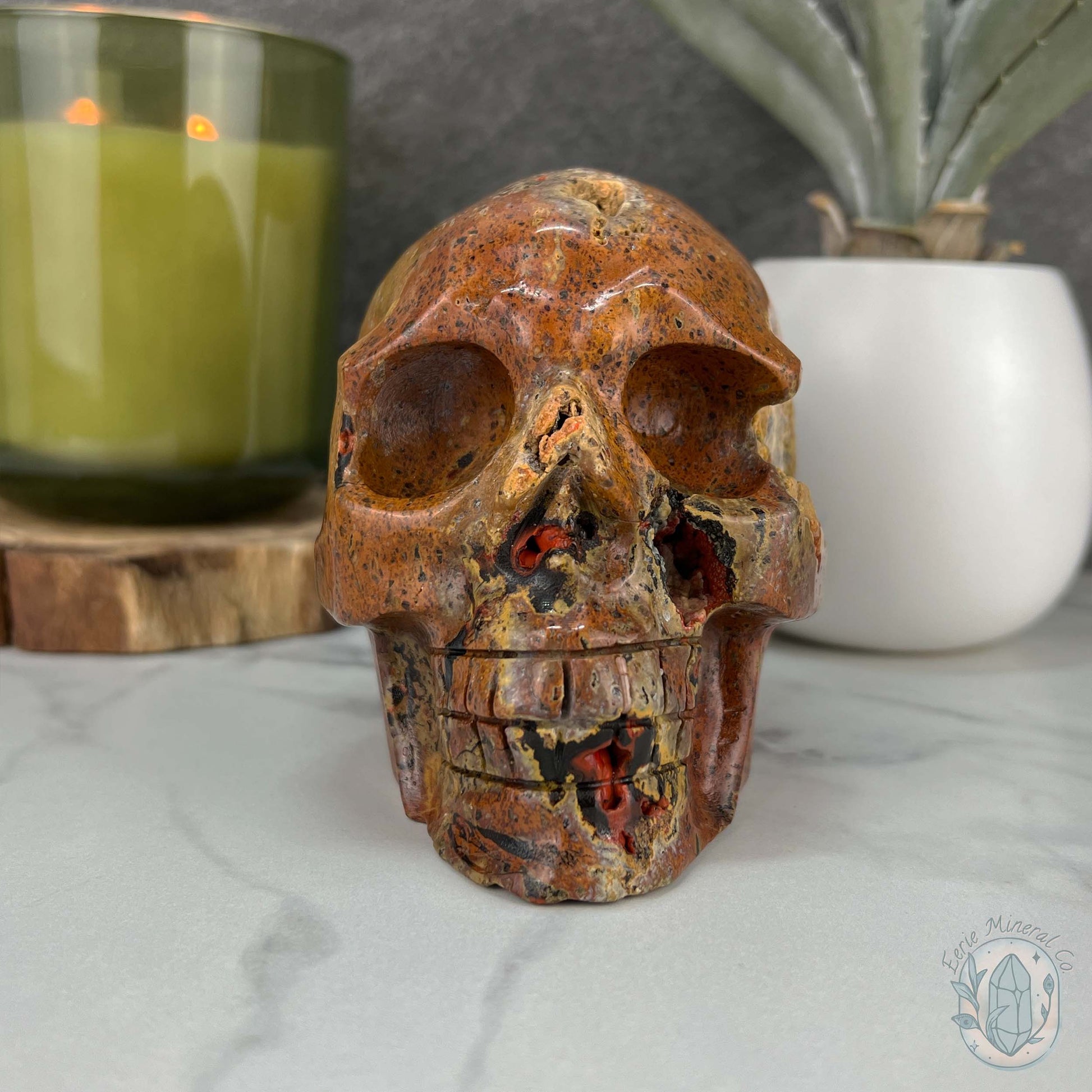 Rare Volcanic Red Fox (Orrelanite) Botryoidal Agate Skull Carving