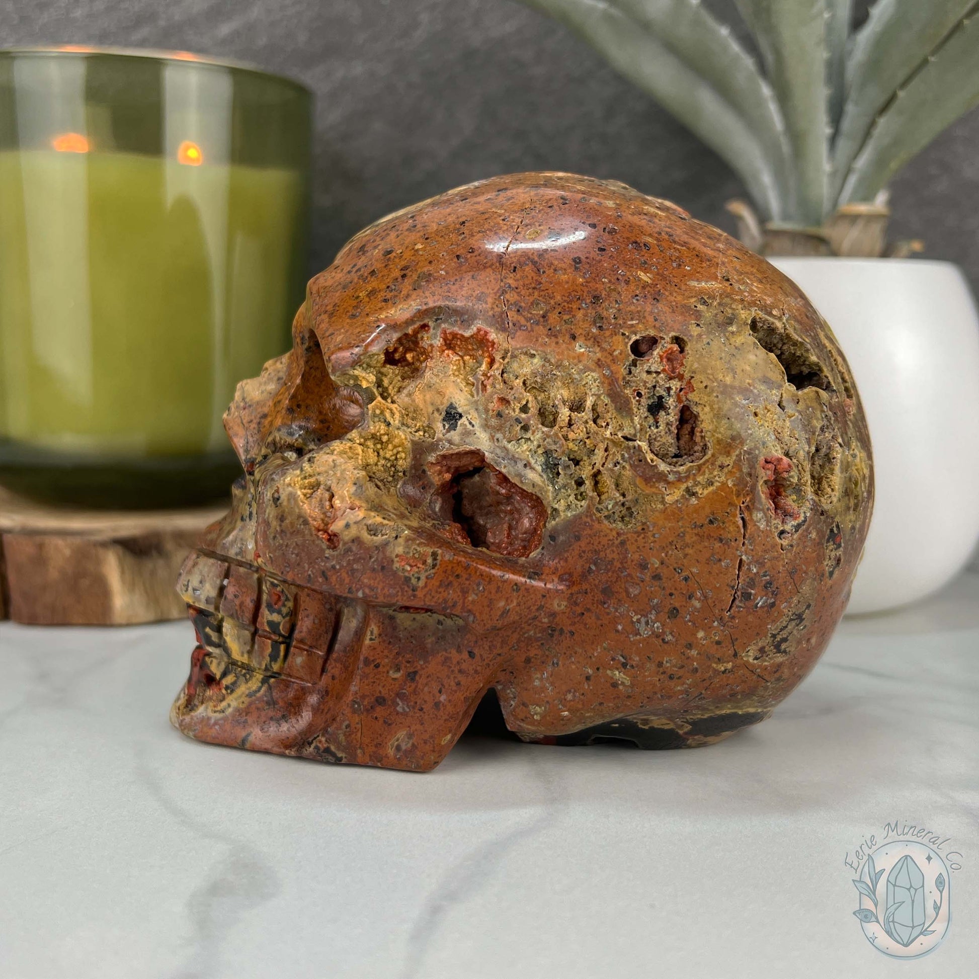 Rare Volcanic Red Fox (Orrelanite) Botryoidal Agate Skull Carving