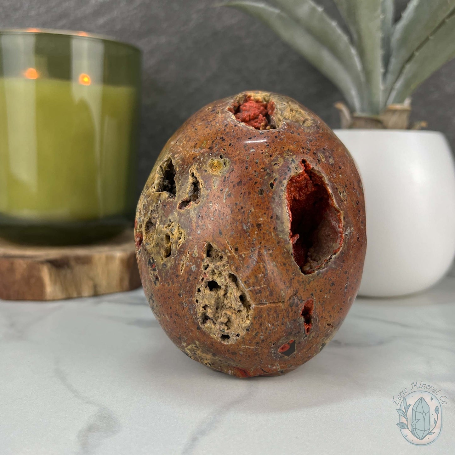 Rare Volcanic Red Fox (Orrelanite) Botryoidal Agate Skull Carving