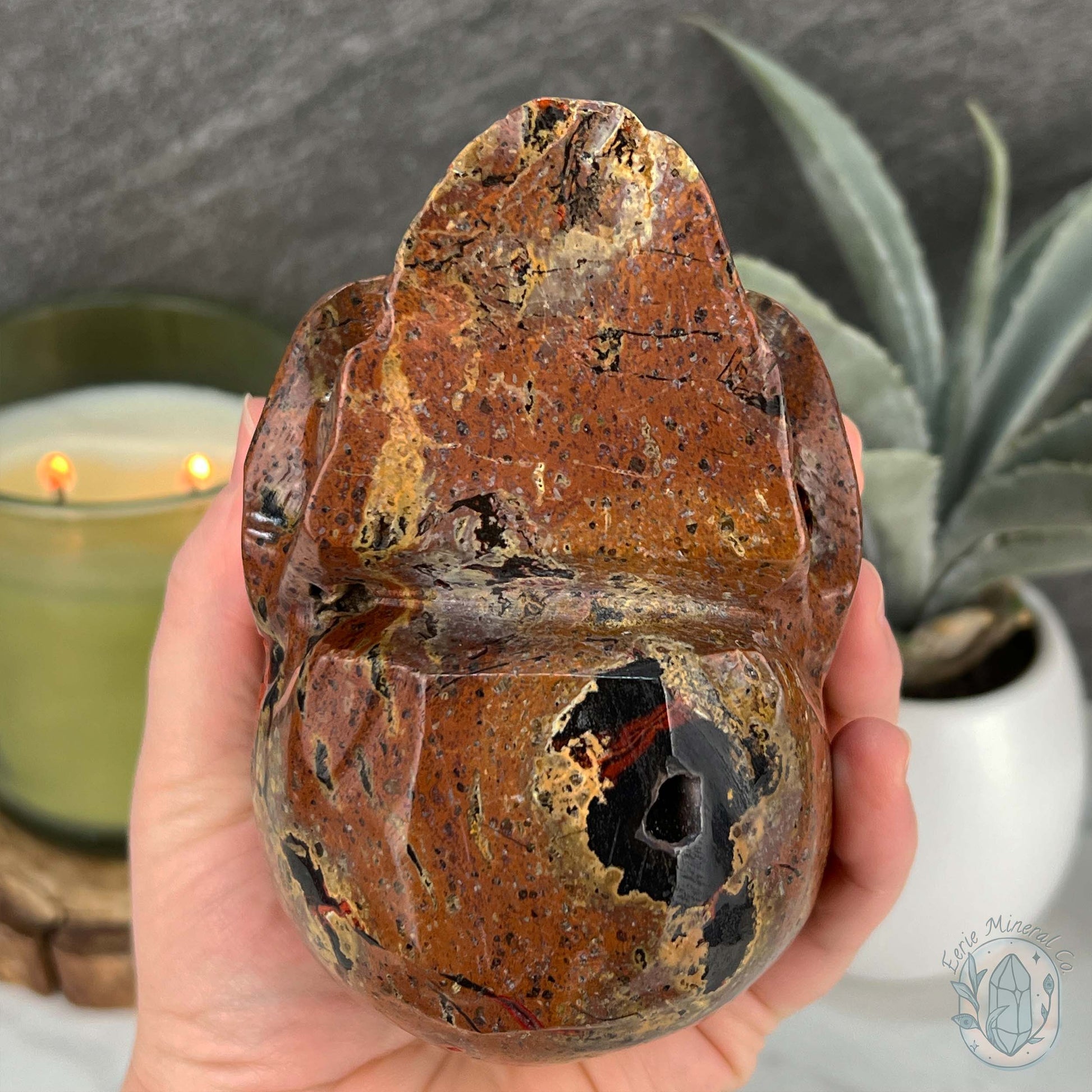 Rare Volcanic Red Fox (Orrelanite) Botryoidal Agate Skull Carving