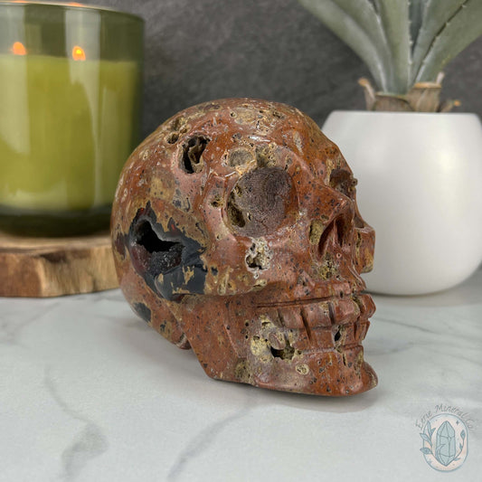 Rare Volcanic Red Fox (Orrelanite) Botryoidal Agate Skull Carving