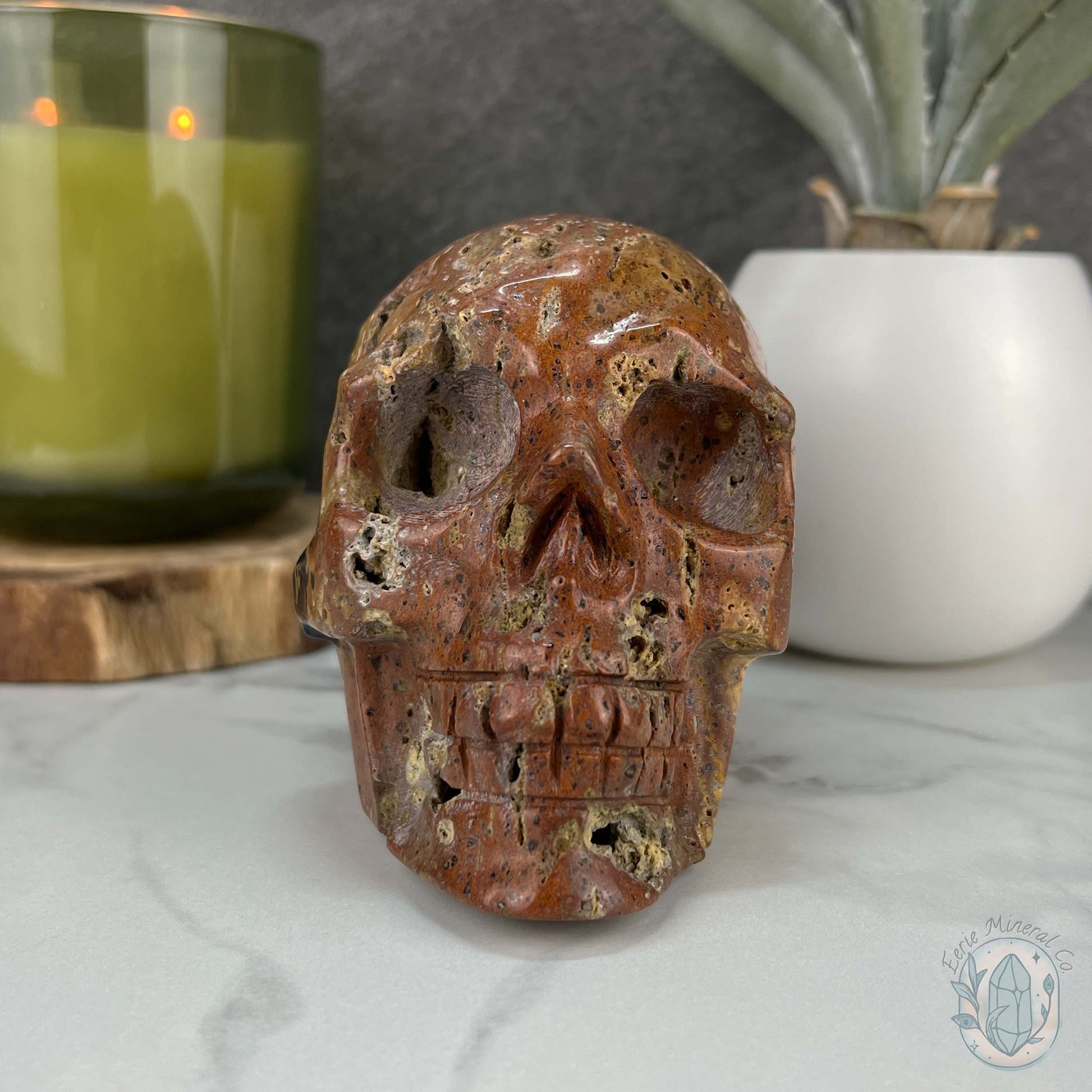 Rare Volcanic Red Fox (Orrelanite) Botryoidal Agate Skull Carving