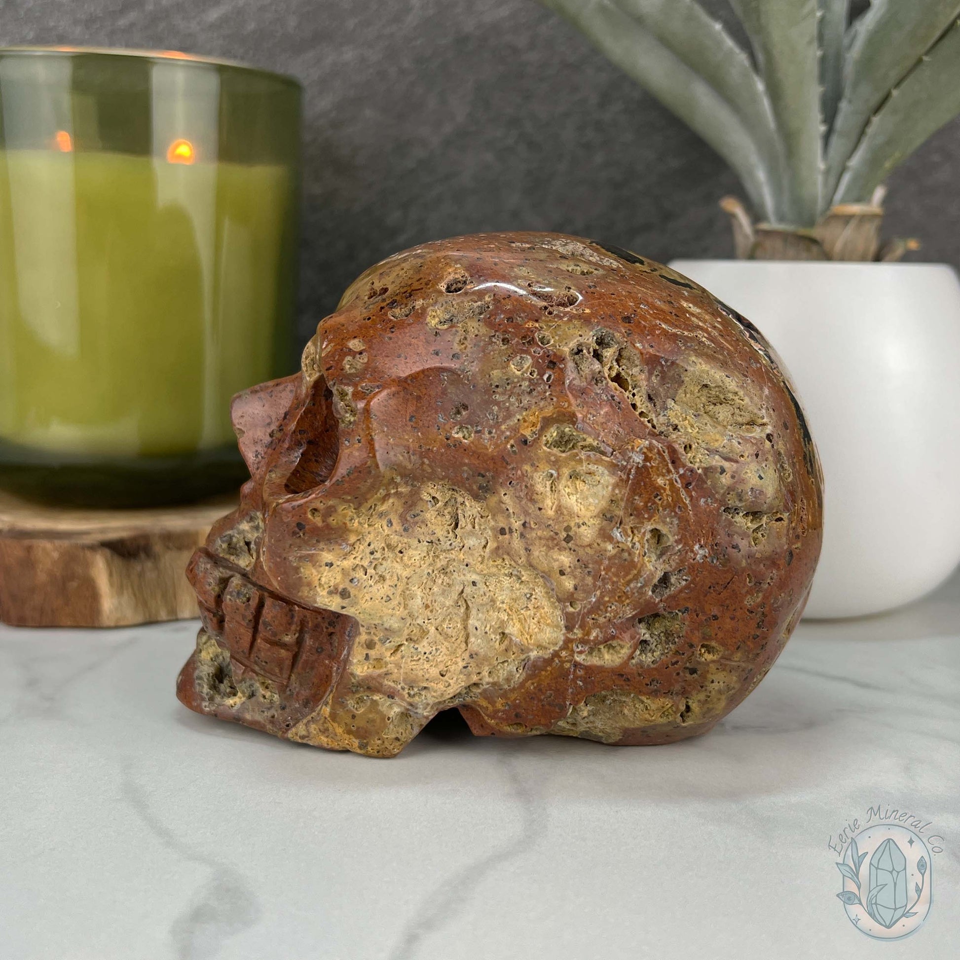 Rare Volcanic Red Fox (Orrelanite) Botryoidal Agate Skull Carving