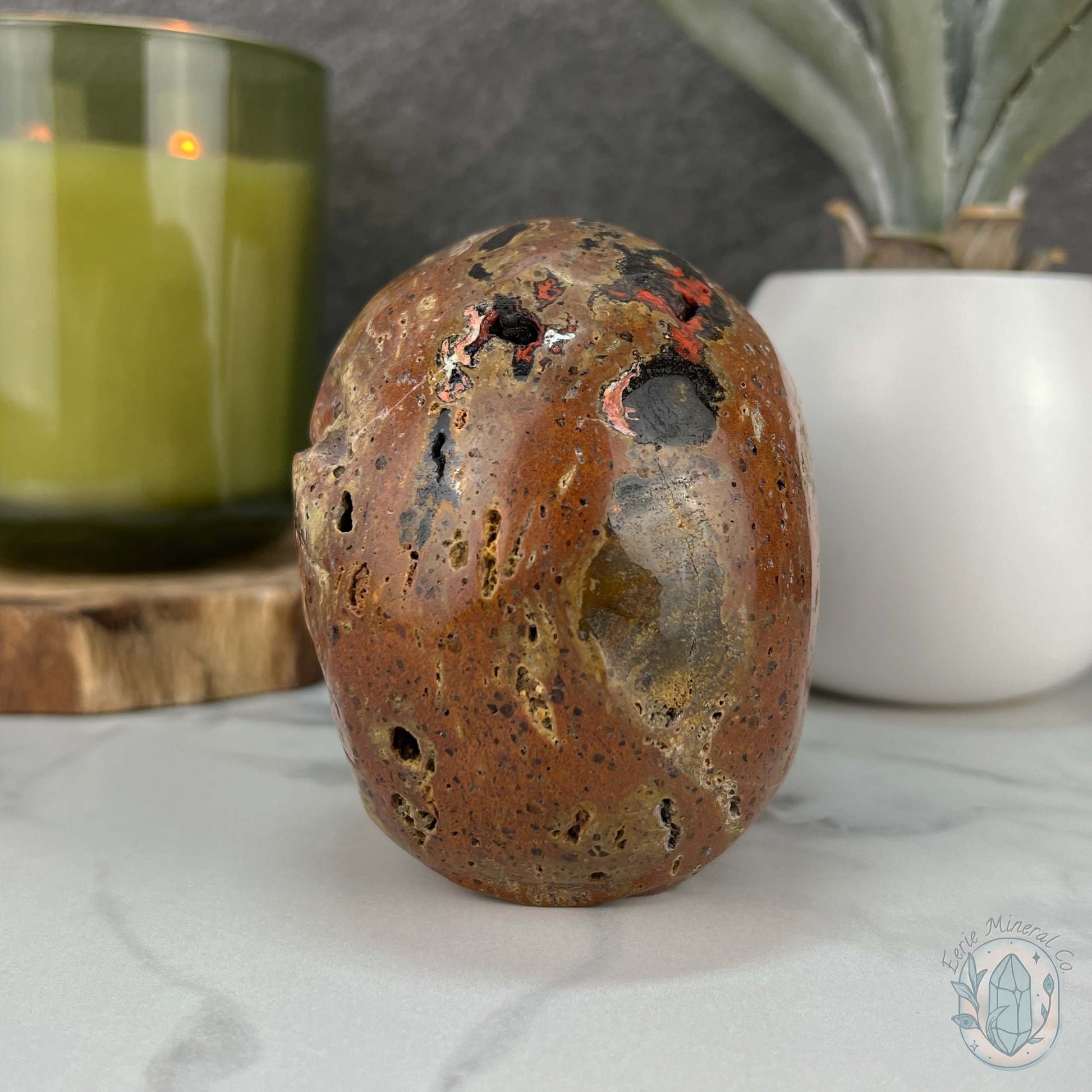 Rare Volcanic Red Fox (Orrelanite) Botryoidal Agate Skull Carving