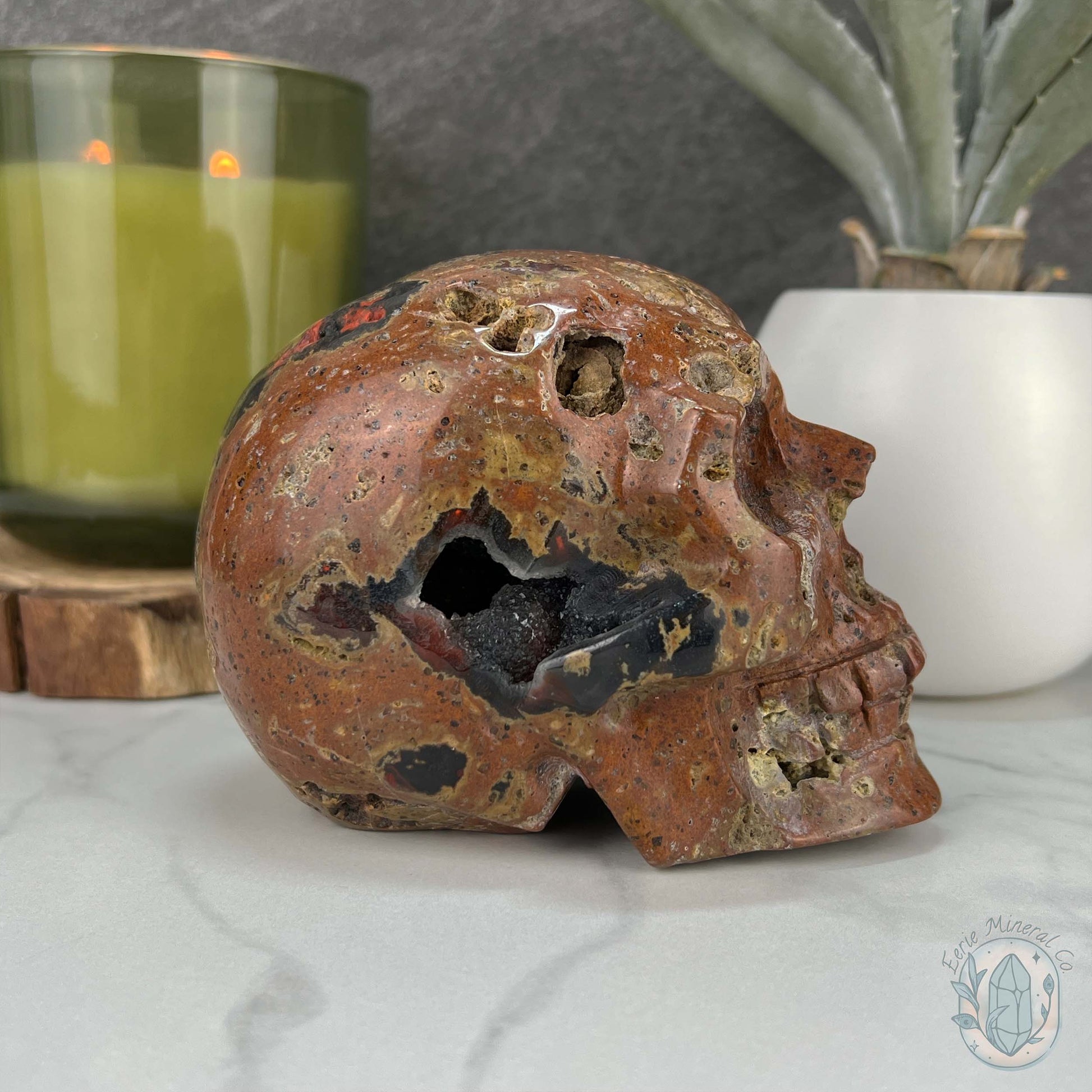 Rare Volcanic Red Fox (Orrelanite) Botryoidal Agate Skull Carving