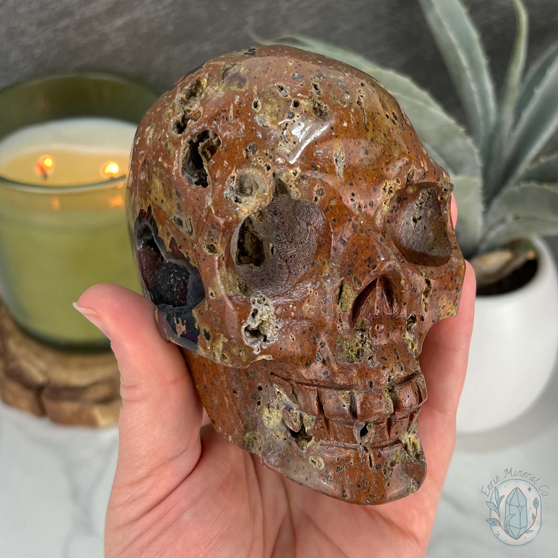 Rare Volcanic Red Fox (Orrelanite) Botryoidal Agate Skull Carving