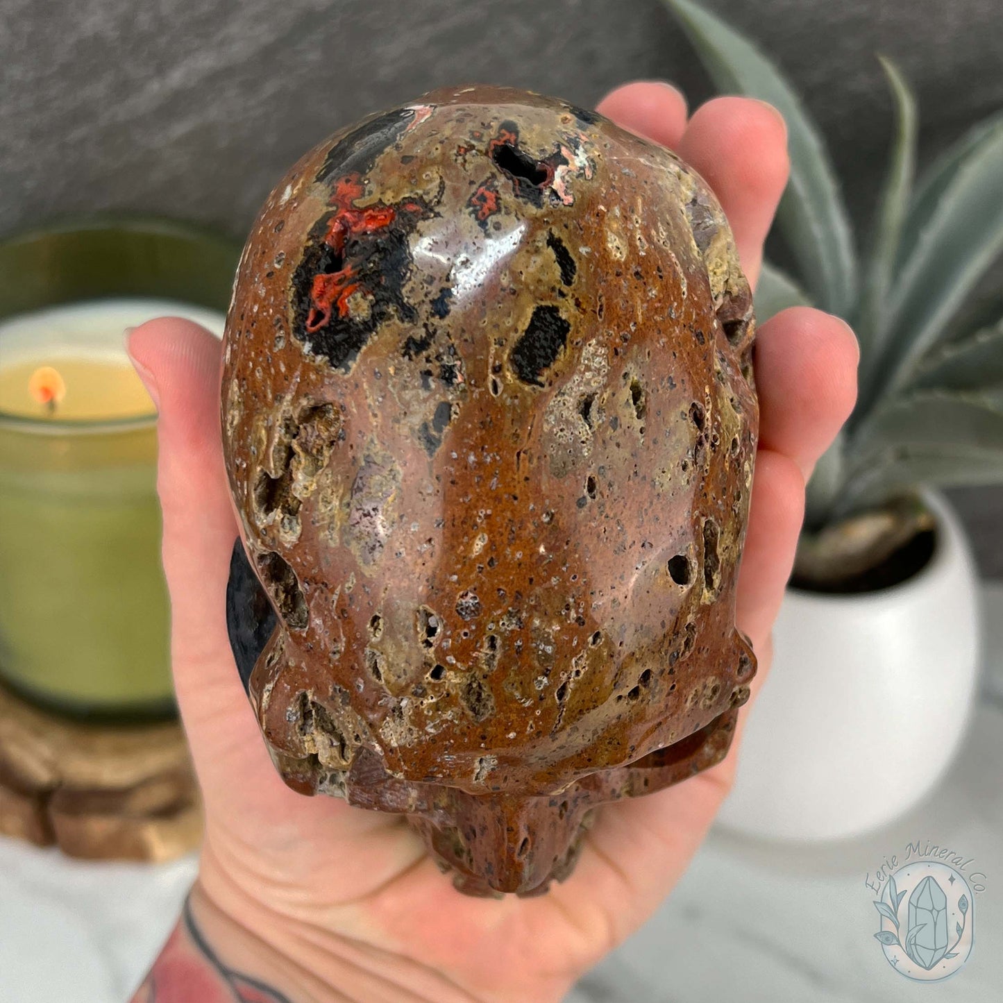 Rare Volcanic Red Fox (Orrelanite) Botryoidal Agate Skull Carving