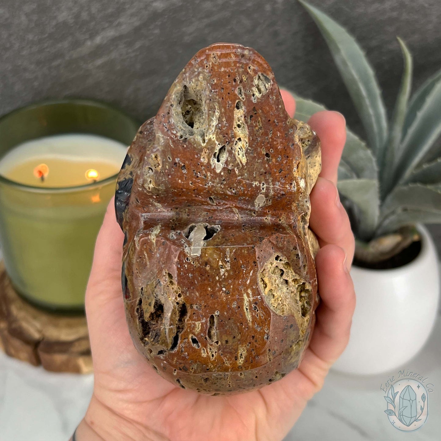 Rare Volcanic Red Fox (Orrelanite) Botryoidal Agate Skull Carving