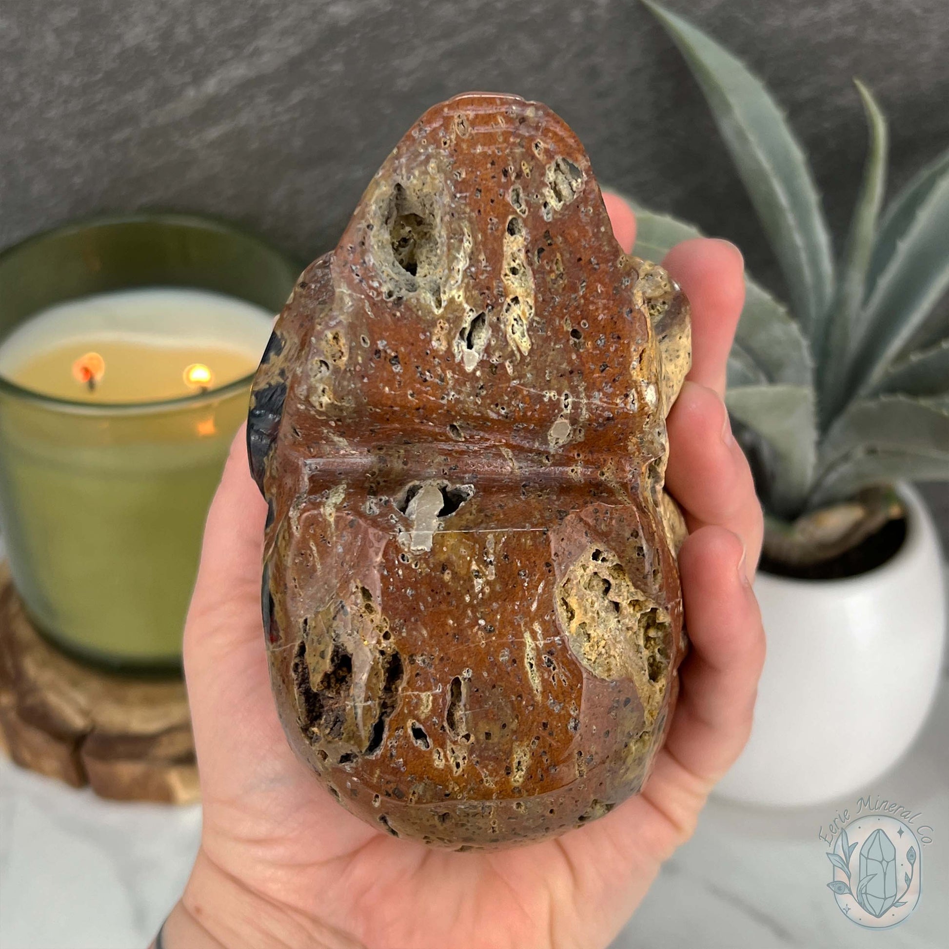 Rare Volcanic Red Fox (Orrelanite) Botryoidal Agate Skull Carving