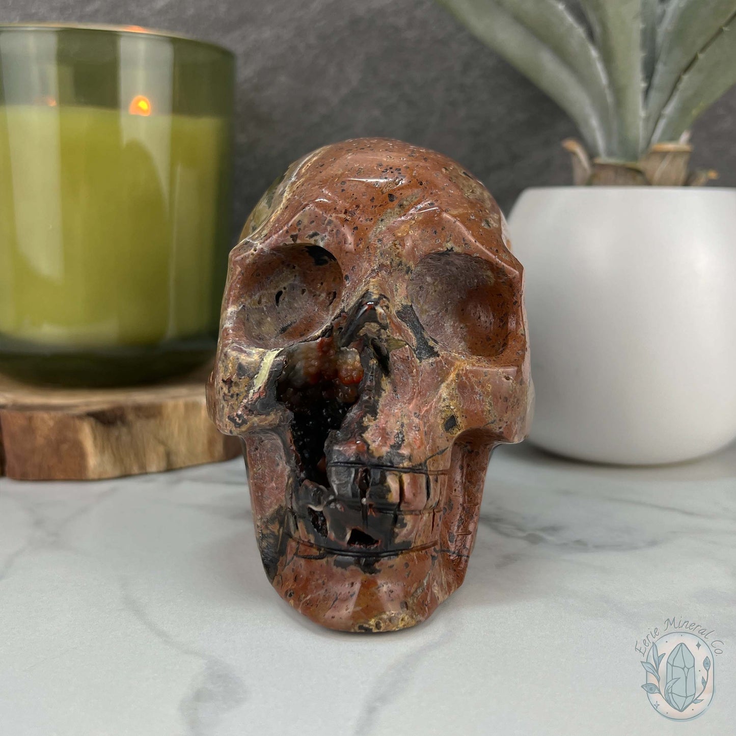 Volcanic Red Fox (Orrelanite) Botryoidal Agate Skull Carving