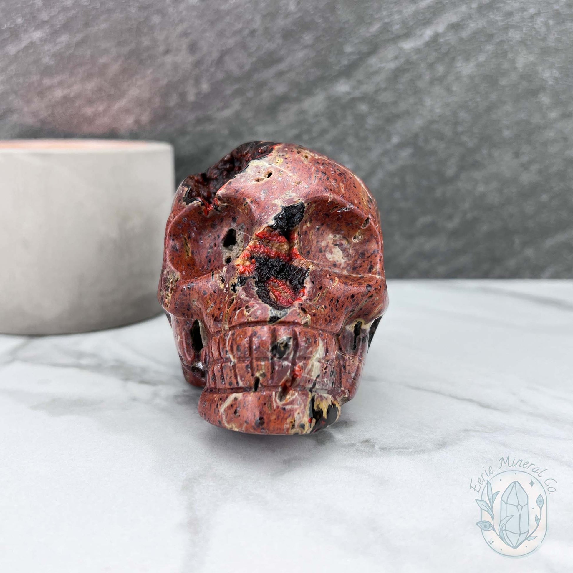 Polished Orrelanite Red Fox Agate Skull Carving