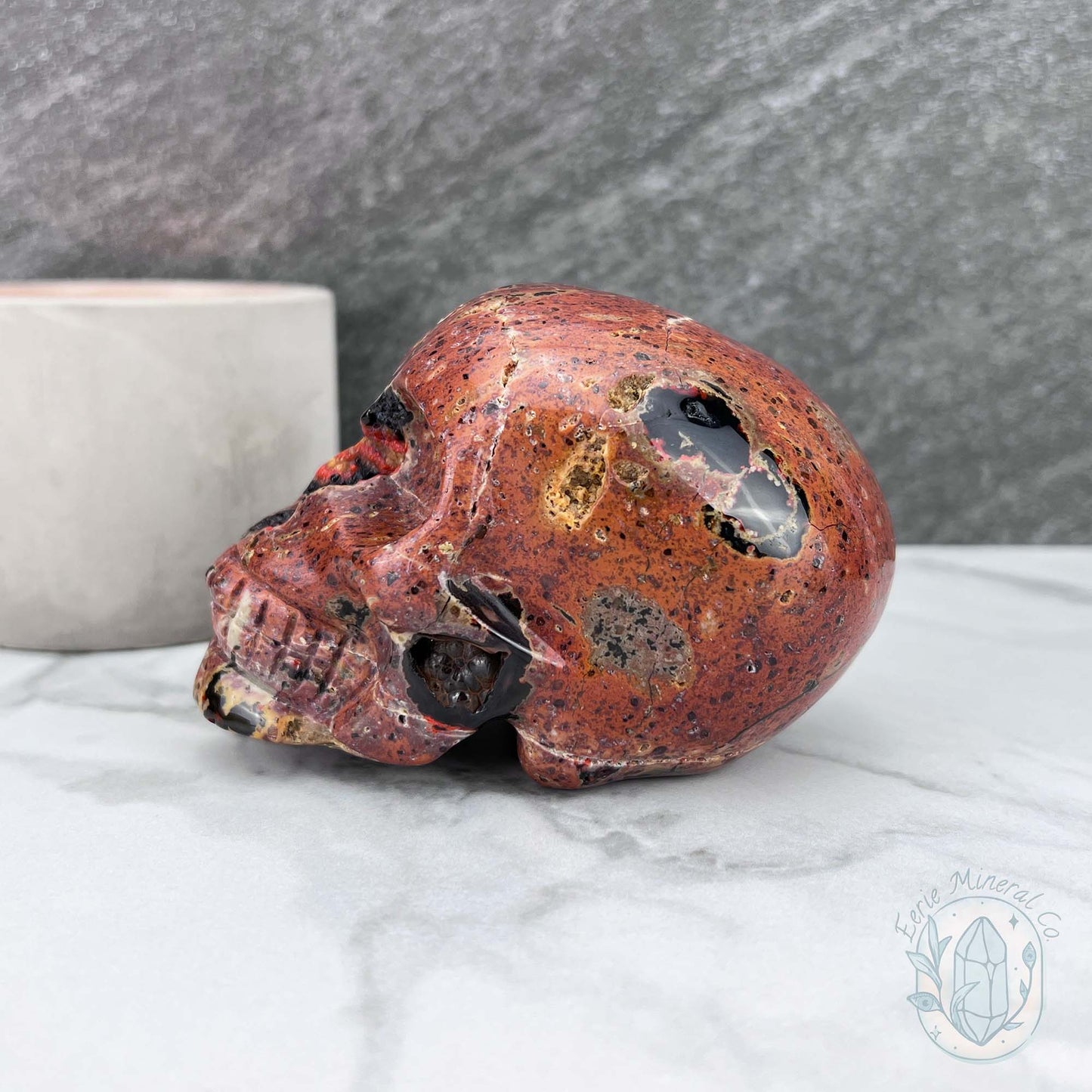 Polished Orrelanite Red Fox Agate Skull Carving