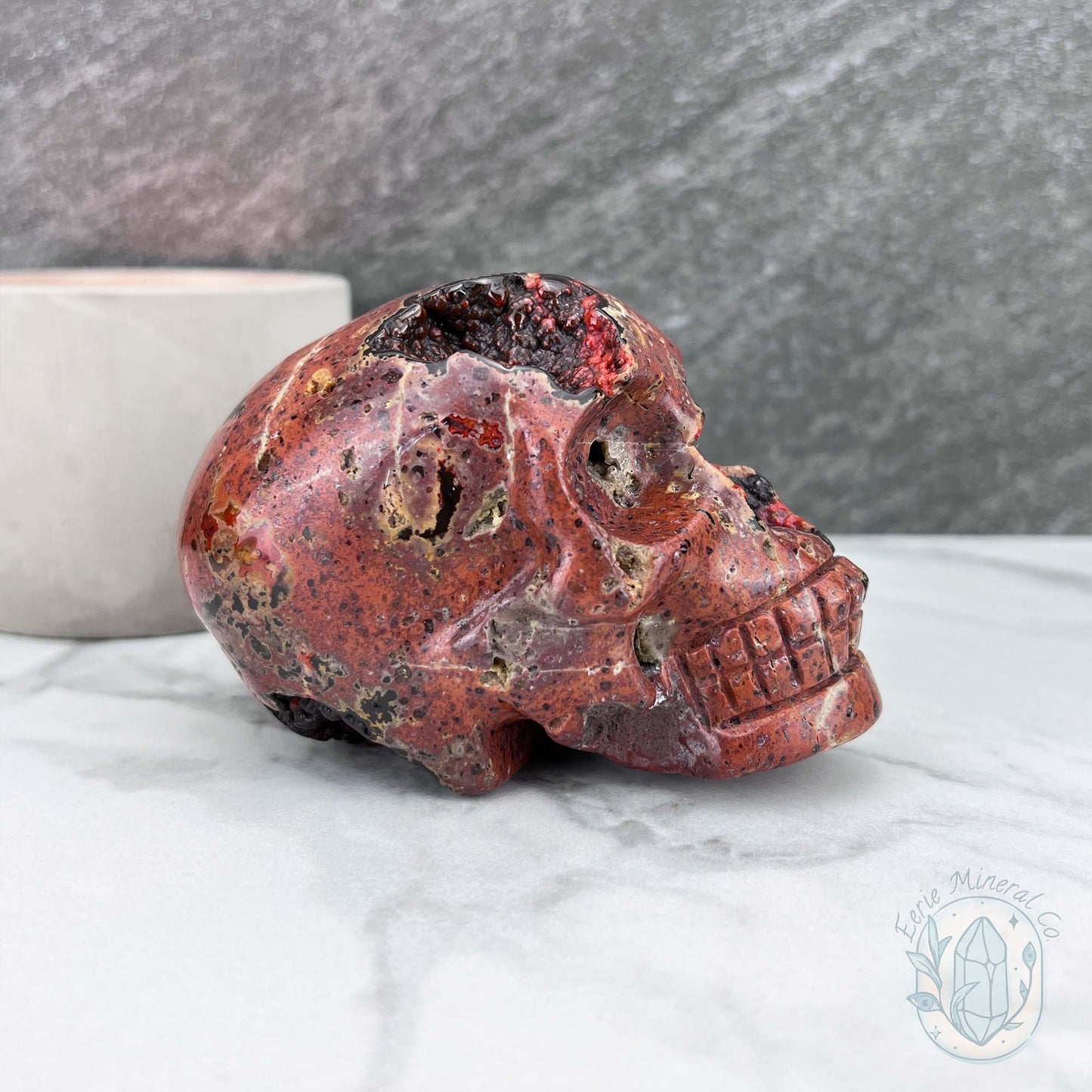 Polished Orrelanite Red Fox Agate Skull Carving