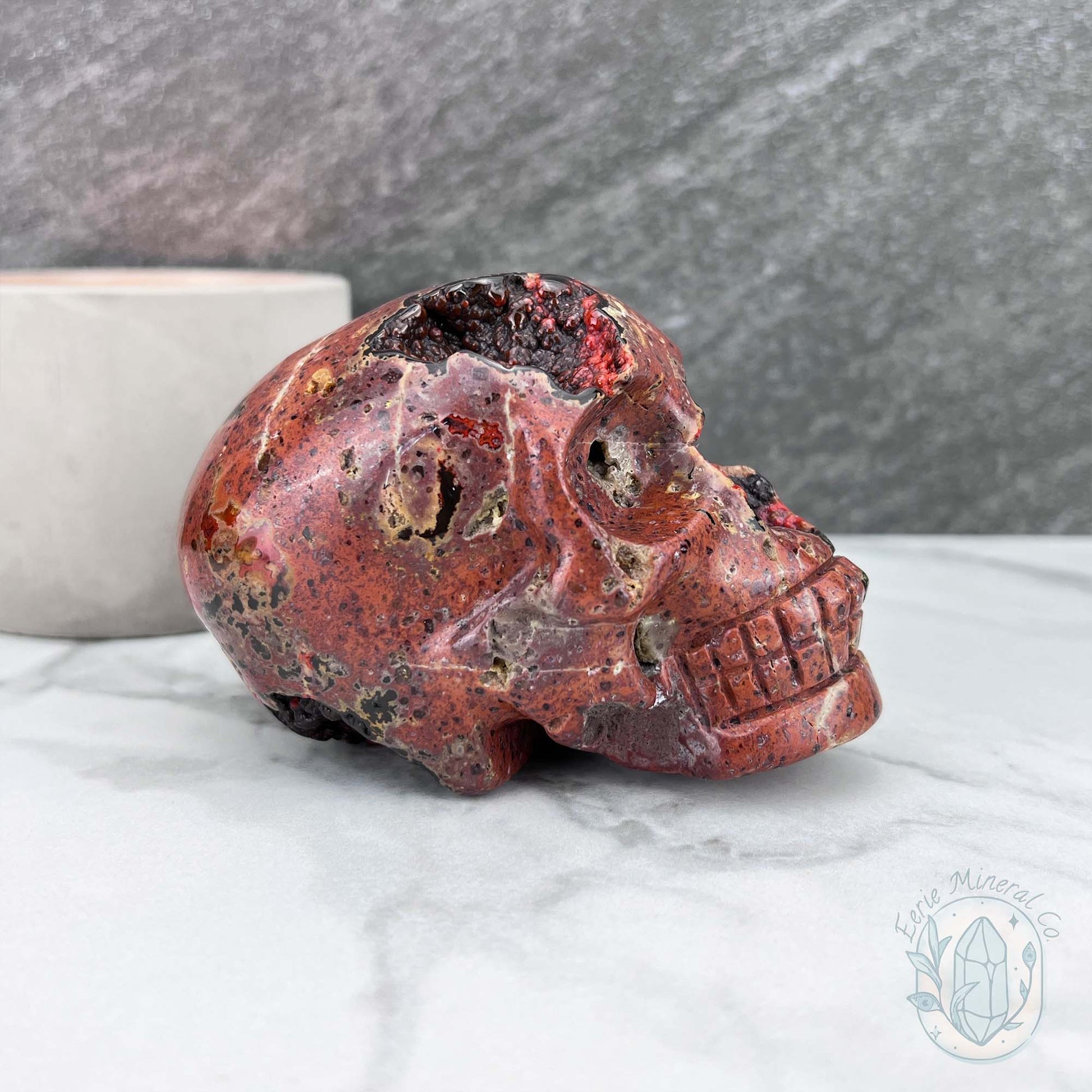 Polished Orrelanite Red Fox Agate Skull Carving