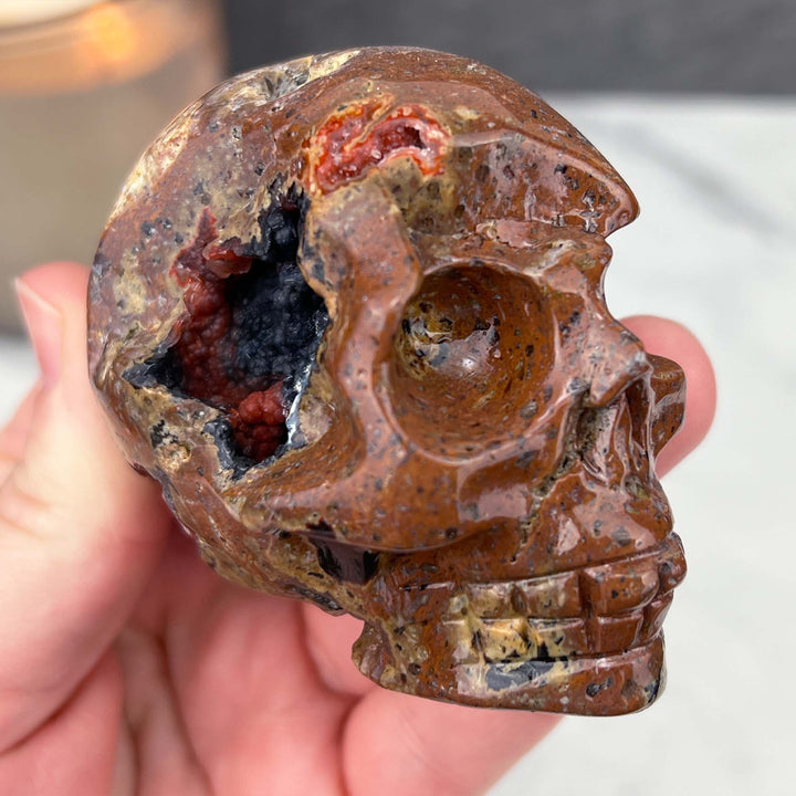 Volcanic Red Fox (Orrelanite) Botryoidal Agate Skull Carving