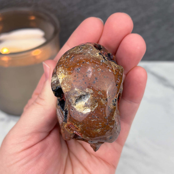 Volcanic Red Fox (Orrelanite) Botryoidal Agate Skull Carving