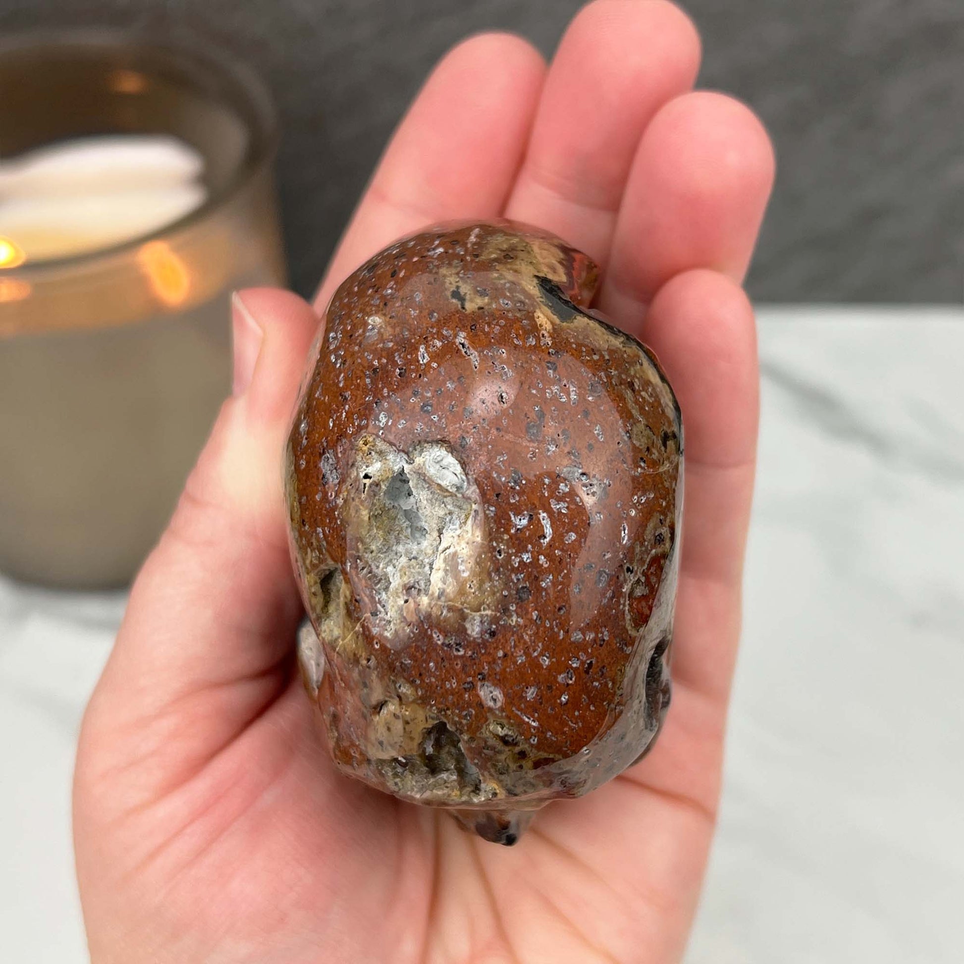 Rare Volcanic Red Fox (Orrelanite) Botryoidal Agate Skull Carving
