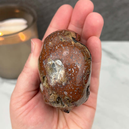 Rare Volcanic Red Fox (Orrelanite) Botryoidal Agate Skull Carving
