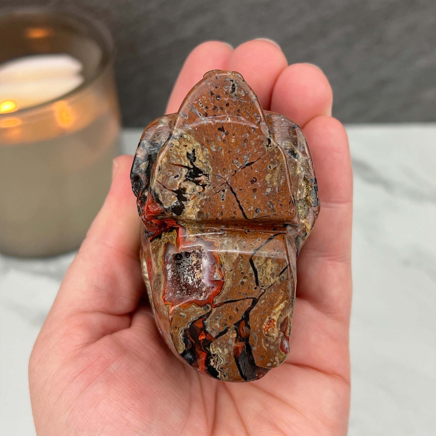 Rare Volcanic Red Fox (Orrelanite) Botryoidal Agate Skull Carving