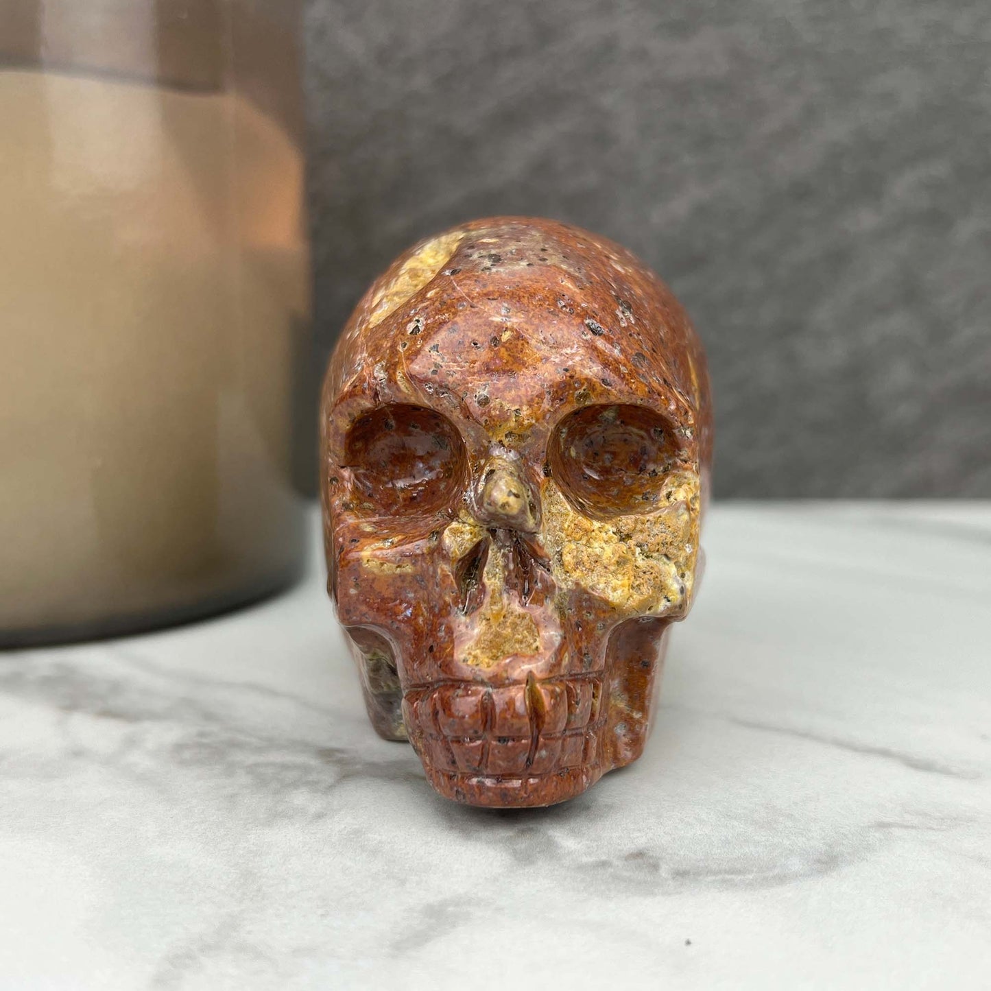 Rare Volcanic Red Fox (Orrelanite) Botryoidal Agate Skull Carving